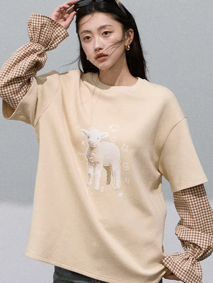 OAKMOO - "Pastoral Lamb Mood" Layered Gingham Sweatshirt – Beige Milk Tea 25Q457