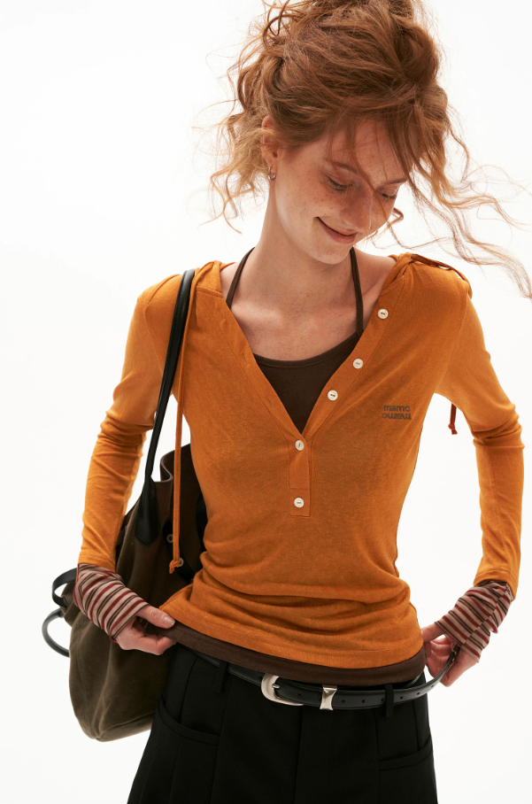MAMC - Layered Hooded Henley Long Sleeve Top (Grey/ Orange)