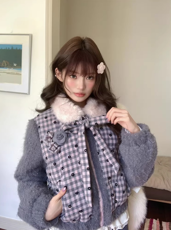阮阮自制 - "Mist Isle Sakura" Faux-Layered Plaid Fur-Collar Puffer Jacket