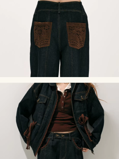 "荒野造势" Western-Inspired Suede-Panel Denim Jacket & Pants Set