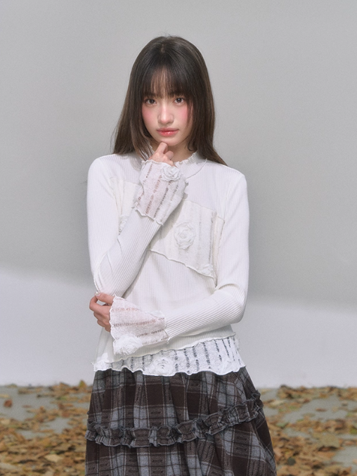 '蕾丝序章' 3D Lace Panel Long Sleeve Base Layer Top