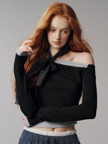 "浪漫波尔卡" Asymmetric Polka Dot Colorblock Long Sleeve Top (Black)