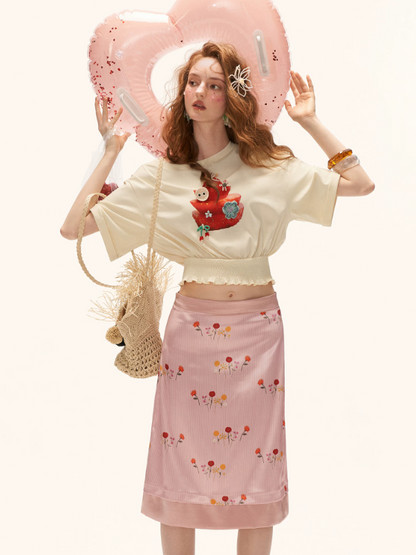 "Soft Blush Poem" Floral Satin A-Line Midi Skirt WE955
