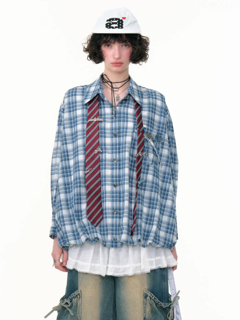 ZiziFei - Retro Plaid Puff Hem Shirt – Blue & White Checkered Y2K Button-Up
