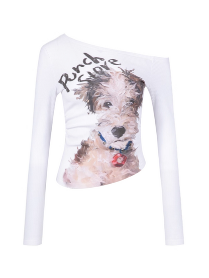 PCH - Asymmetrical Studded Off-Shoulder Top with Dog Print