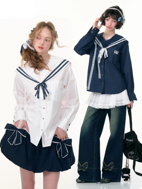 ZiziFei - Navy Collar Lace-Trimmed Long Sleeve Blouse