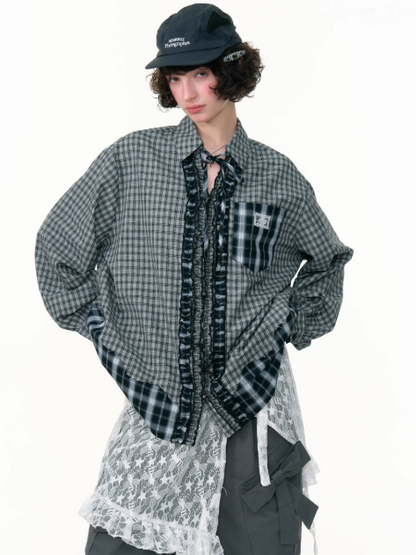 ZiziFei - Vintage-Inspired Black & White Plaid Ruffle Shirt