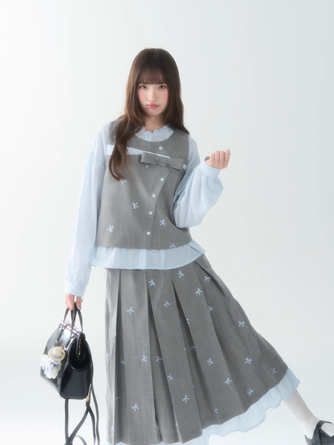 罐头士多所 - "Blue Whisper" Bow-Tie Vest Top & Pleated Skirt Set