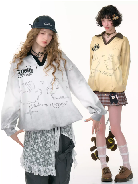 ZiziFei - Y2K Gradient Bunny V-Neck Sweatshirt – Polo Style Drawstring Pullover