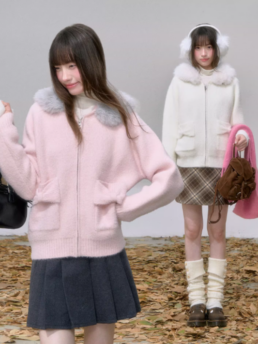 "糖霜玫境" Soft Girl Bow Pocket Hoodie Cardigan – Pastel Pink/ Milky White