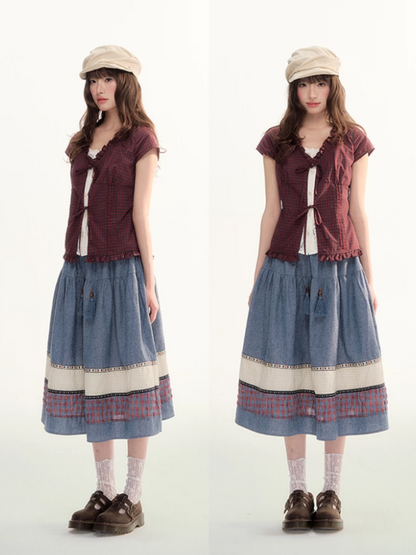 Red Plaid Lace Trim Tie-Front Blouse WW2026086