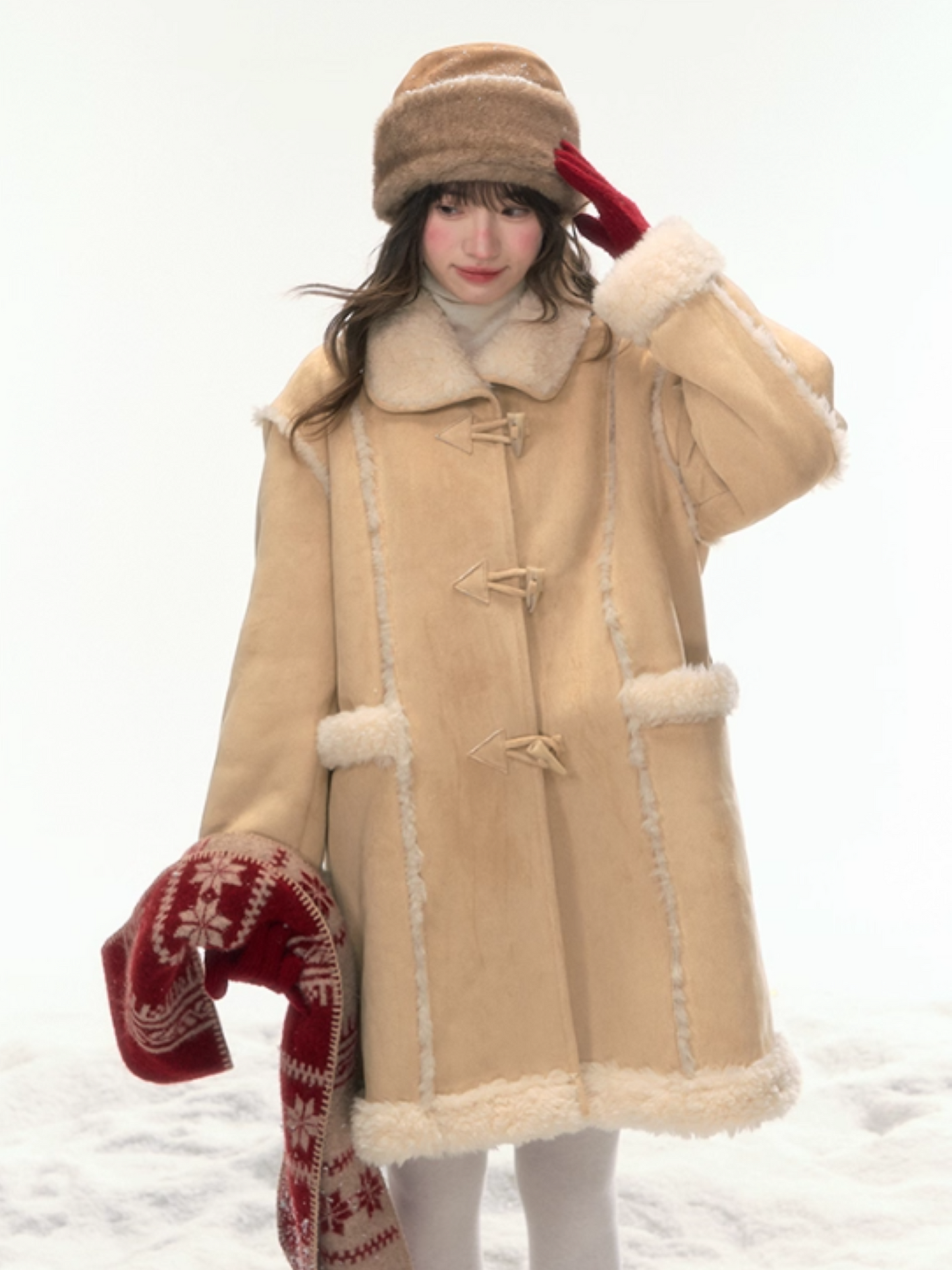 "Snowmist Forest" Suede Mid-Length Detachable-Scarf Coat LL2025459