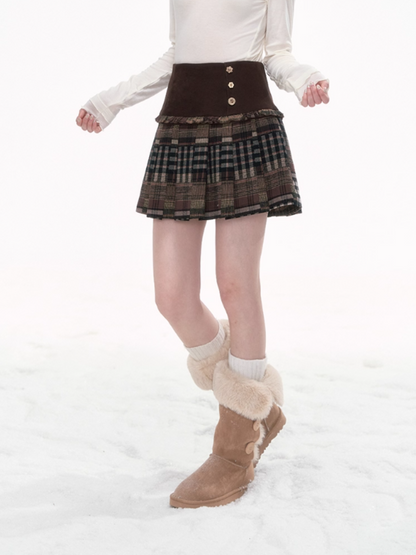 '榛果棋盘格' Brown Plaid Patchwork Skirt
