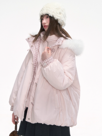 "Snow Mirage" Layered Bloom Down Parka – Pink Faux Two-Piece Hooded Coat with Fur Trim