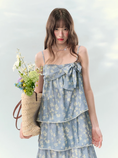“Blue Mist Petals” Dusty Blue Floral Tiered Mini Dress LL2026120