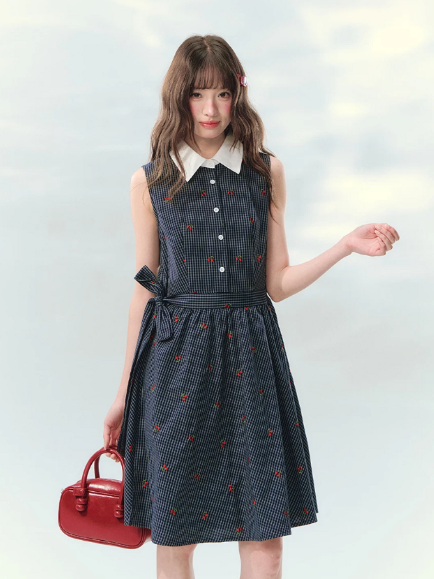 “Twin Bloom Letters” Navy Plaid Embroidered Shirt Dress LL2026139