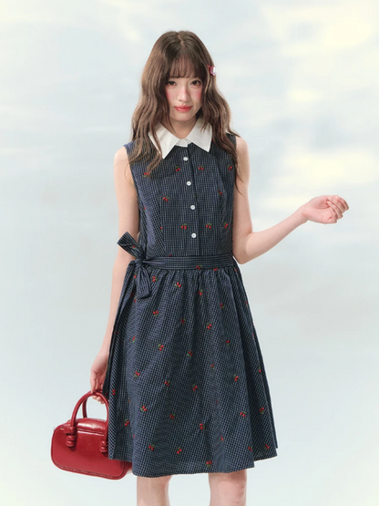 “Twin Bloom Letters” Navy Plaid Embroidered Shirt Dress LL2026139