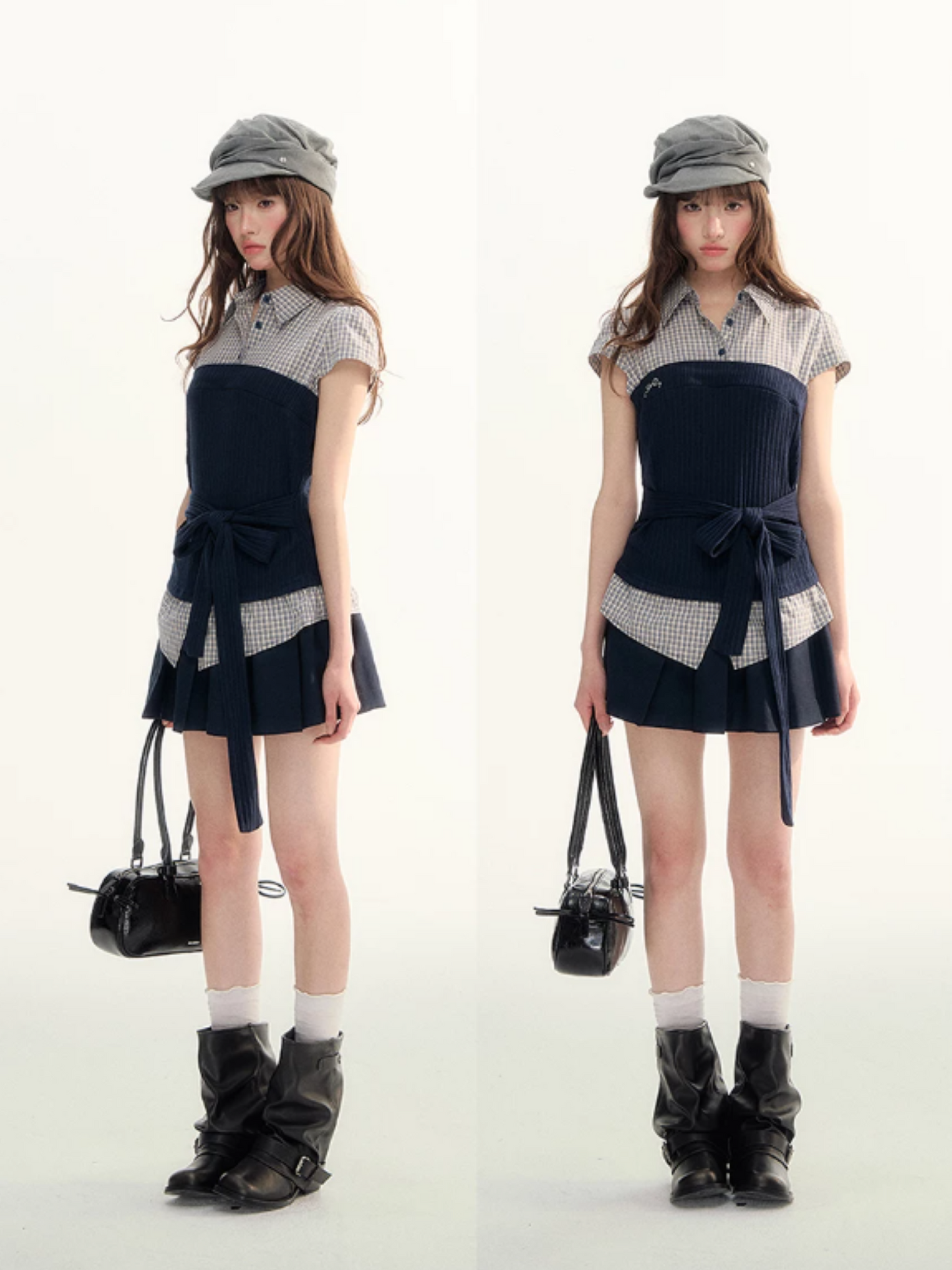 Pastel Plaid Knit Shirt & A-Line Puffy Skirt Set LL2026112