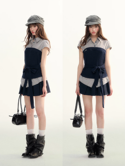 Pastel Plaid Knit Shirt & A-Line Puffy Skirt Set LL2026112