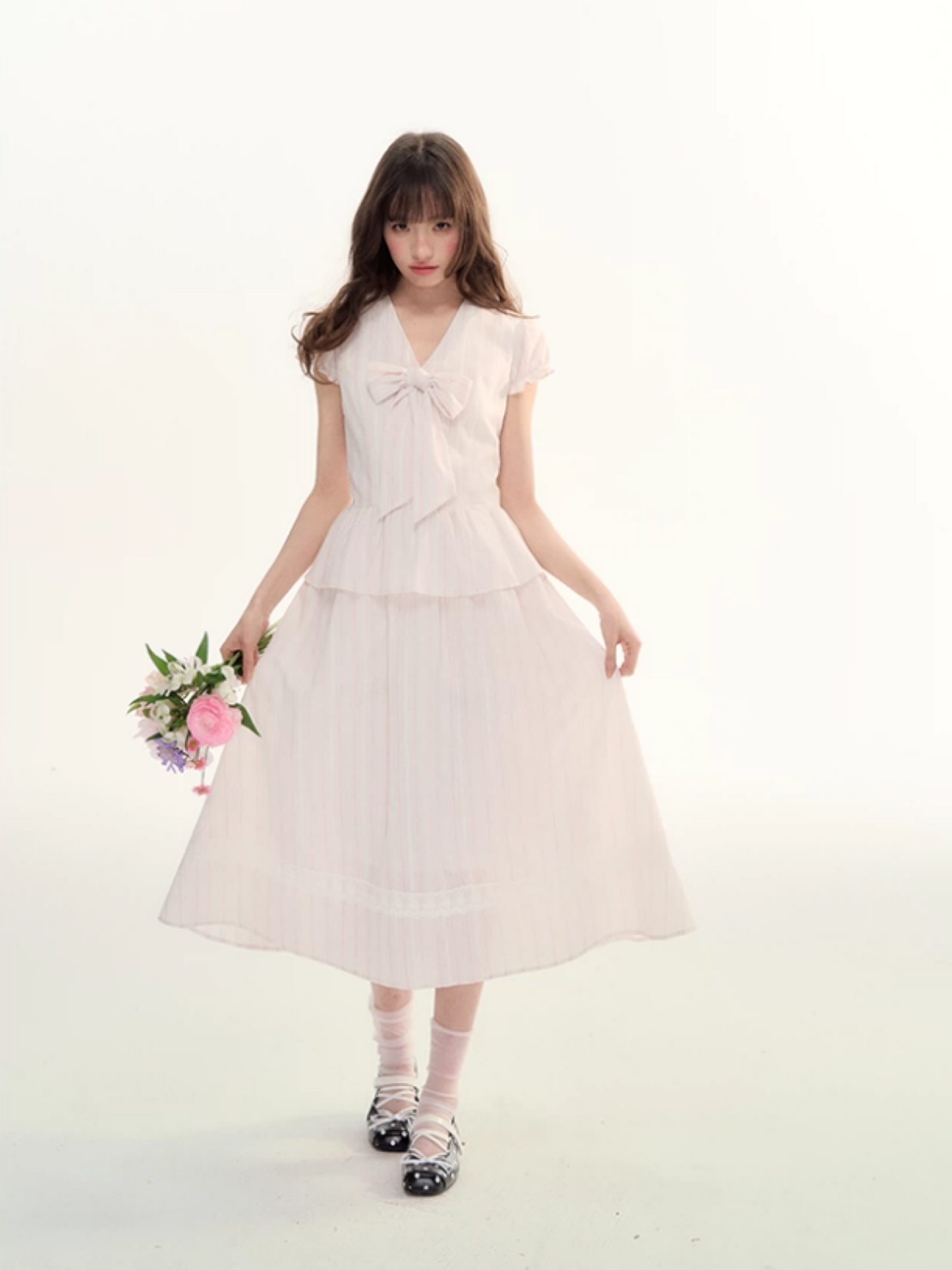 Pink Stripe Bow Detail Midi Dress LL2026080