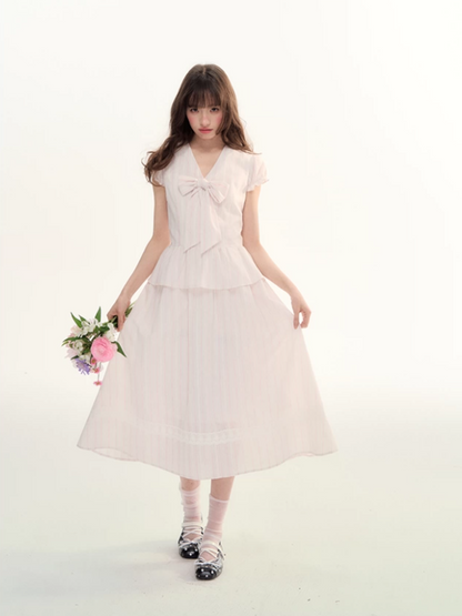 Pink Stripe Bow Detail Midi Dress LL2026080