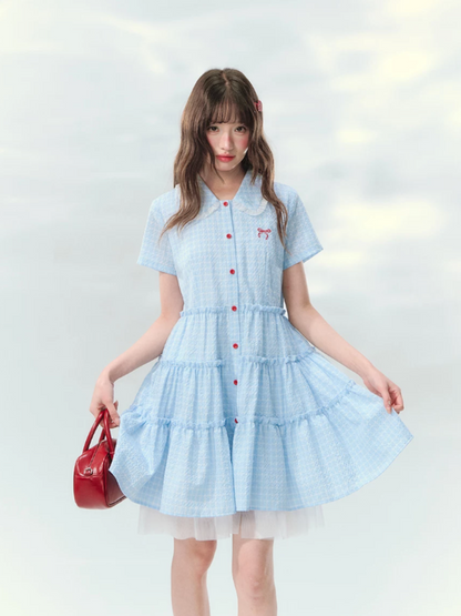 “Weaving Red Melody” Blue Plaid Tiered Ribbon Dress SJ2026125