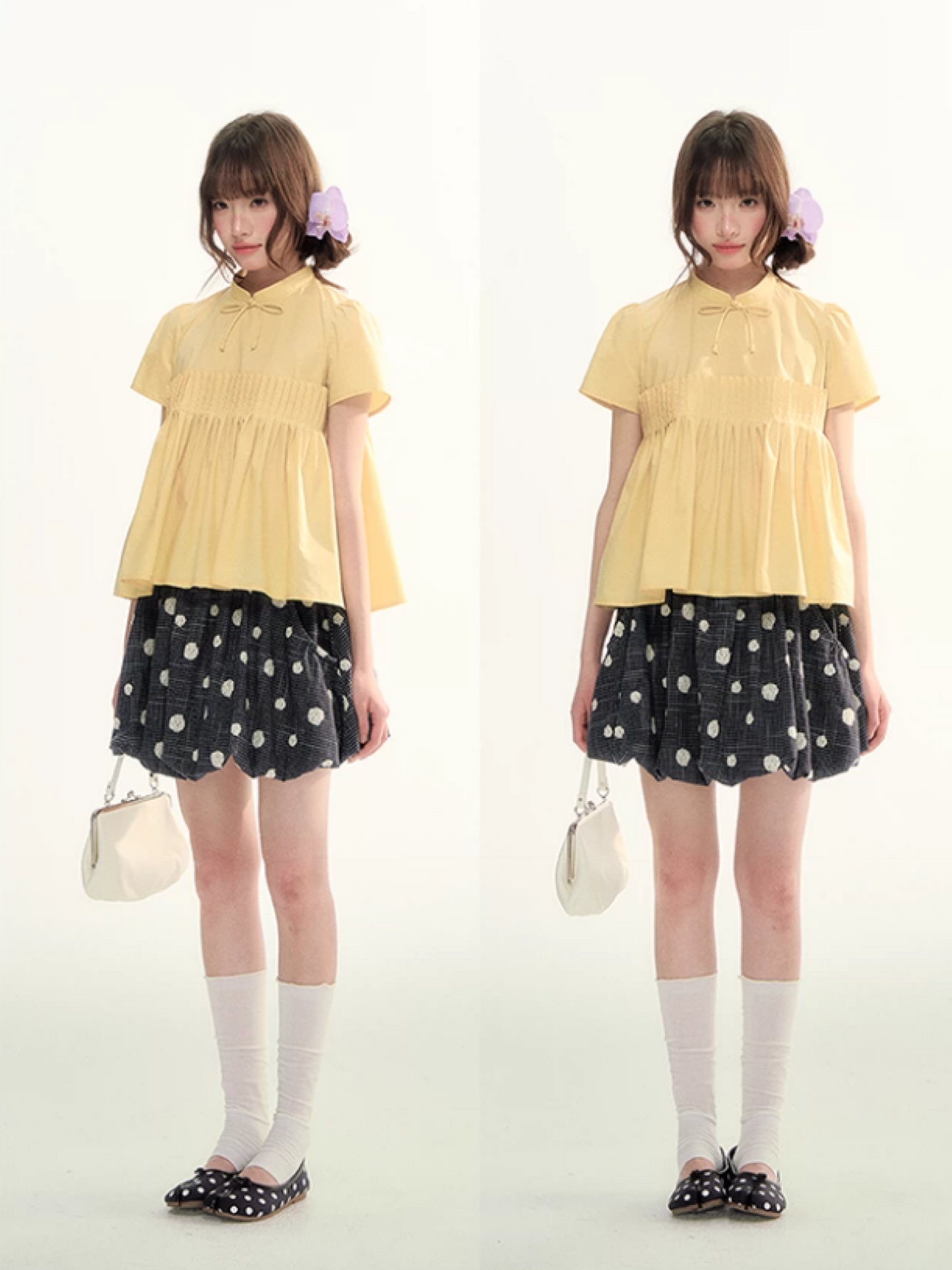 Butter Yellow Pleated Puff Sleeve Blouse WW2026069