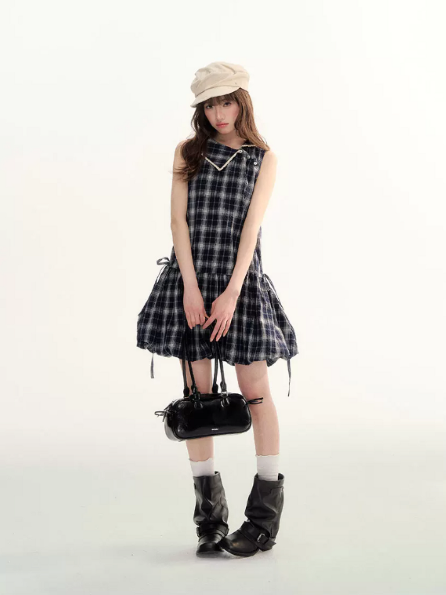 Blue Plaid Bubble Hem Dress  LL2026089