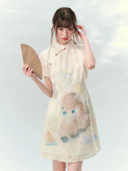 “Velvet Deer Whisper” Ivory Deer Print Cheongsam Dress LL2026174