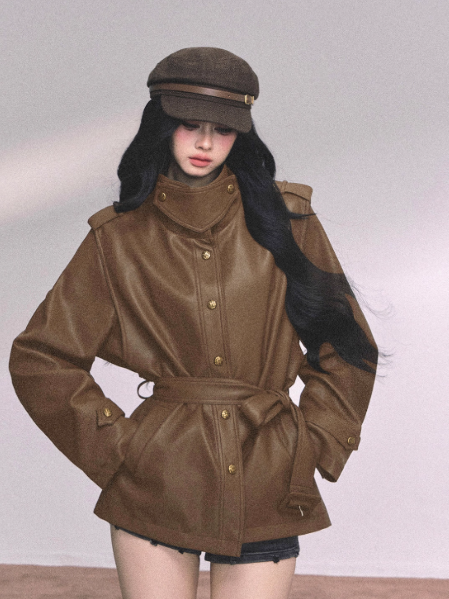 "英区时差" American Cool Girl PU Leather Jacket – Black/ Coffee