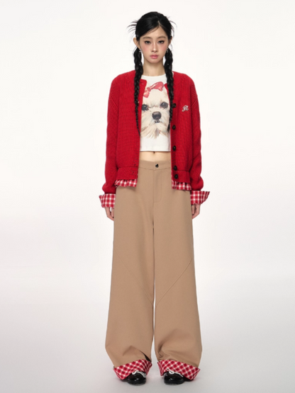 PCH - Khaki Plaid Cuffed Wide-Leg Pants