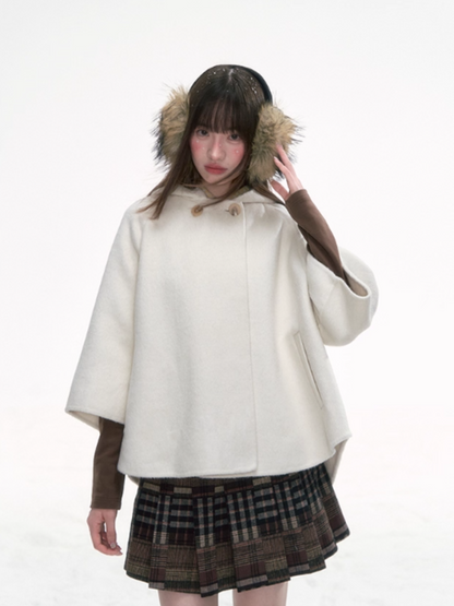 '漫游者' White Wool-Blend Hooded Cape Coat