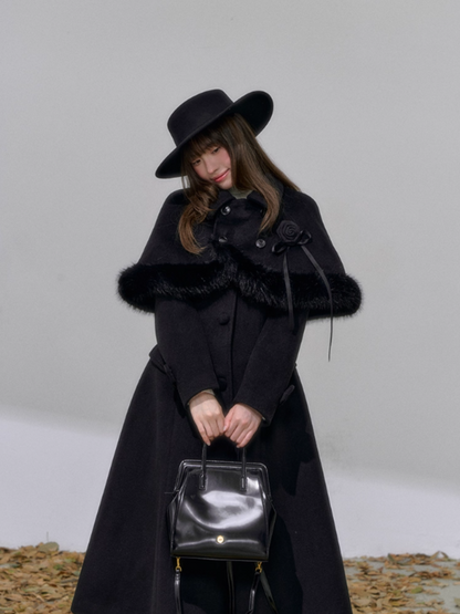 "雪夜棋局" Double-Breasted Wool Coat – Black Tailored Cape with Optional Rose Brooch