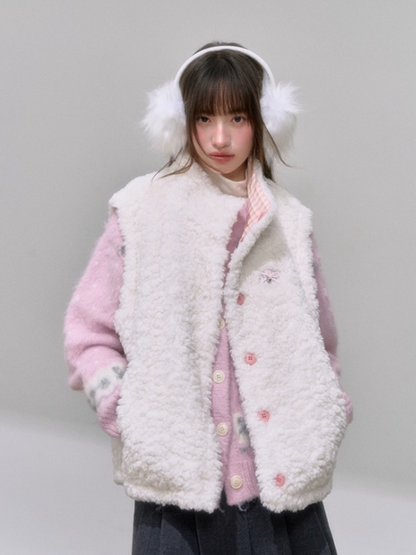 "格调翻转" Reversible Soft Girl Vest – Faux Fur & Pastel Pink Plaid Gilet