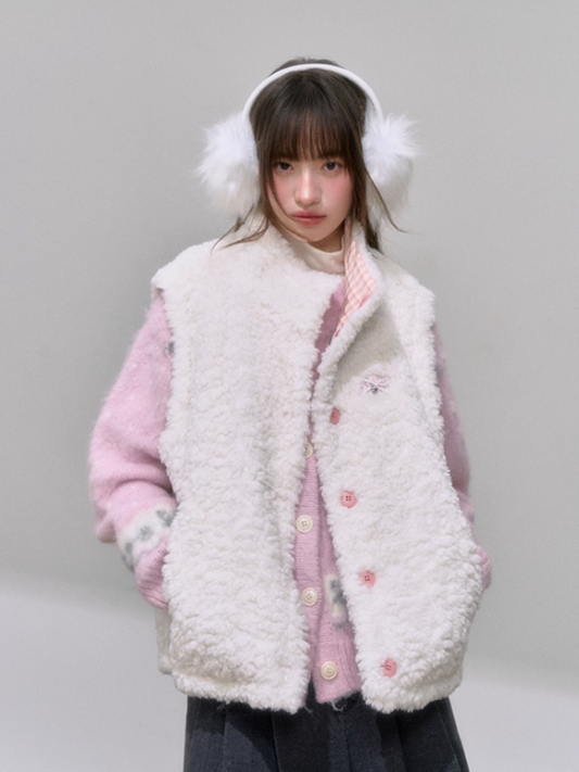"格调翻转" Reversible Soft Girl Vest – Faux Fur & Pastel Pink Plaid Gilet