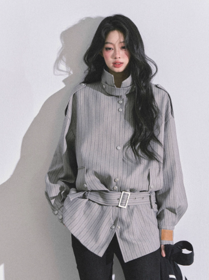 少也眼 French-British Style Striped Stand Collar Shirt Jacket