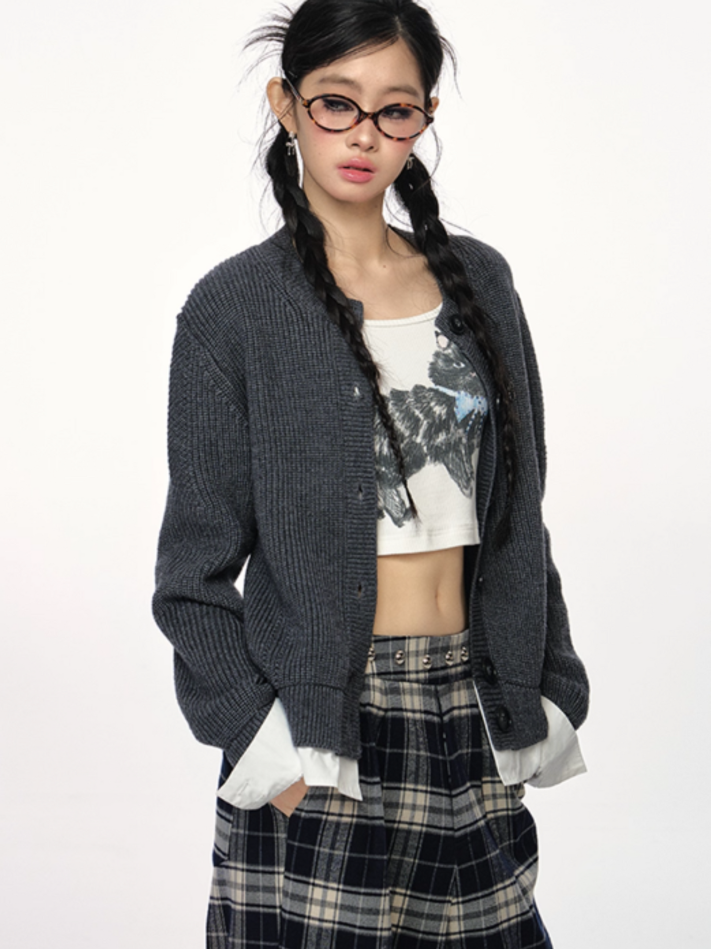 PCH - Tri-Color Layered Knit Cardigan with Contrast Panels (Dark Gray)