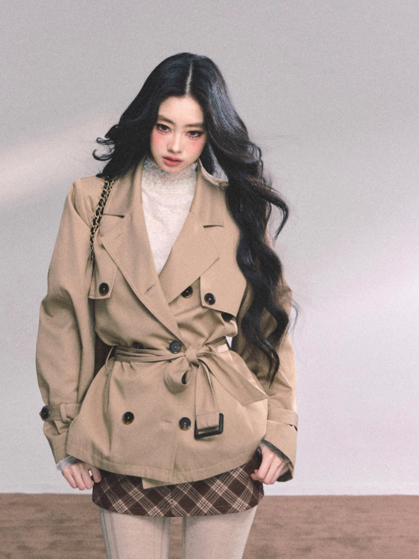 少也眼 Khaki Loose-Fit Jacket with Brown Skirt-Shorts Set