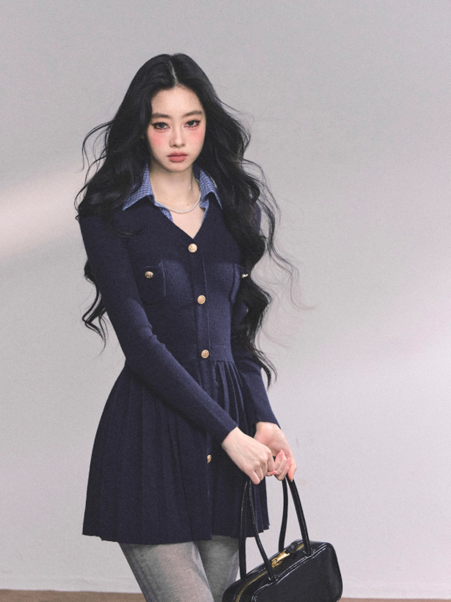 少也眼 Paisley Notes Faux Two-Piece Knitted Dress