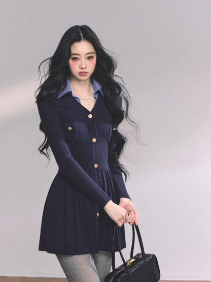 少也眼 Paisley Notes Faux Two-Piece Knitted Dress