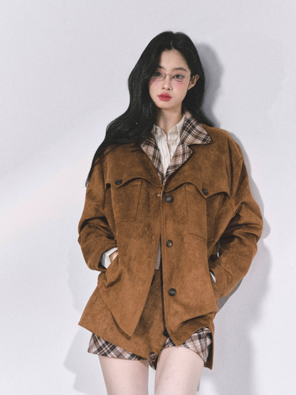 少也眼 Miu-Style Two-Piece Set – French Hepburn Jacket & Plaid Mini Skirt (Light Coffee)
