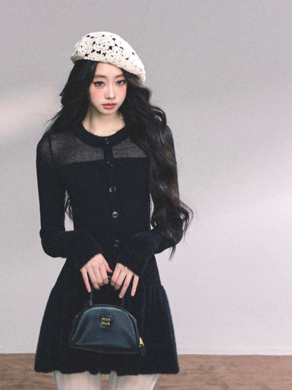 "小野莉娜" French Knit Slim-Fit Waist Black Dress