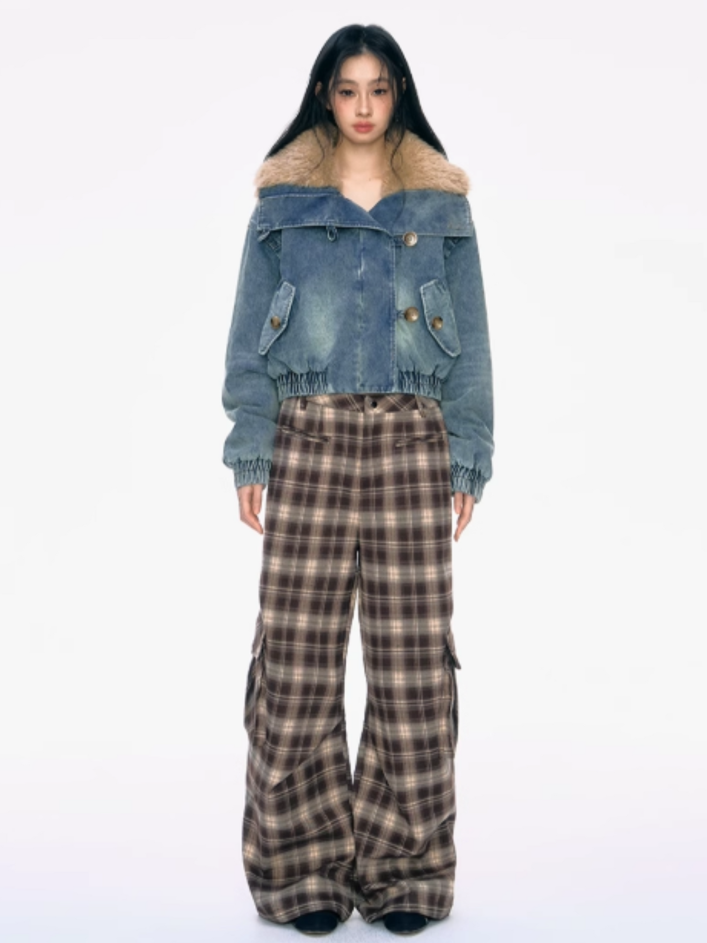 PCH - Cropped Denim Jacket with Faux Shearling Collar