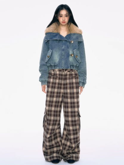PCH - Cropped Denim Jacket with Faux Shearling Collar