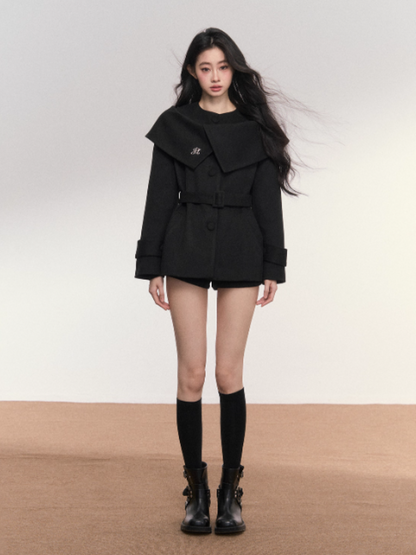 PCH - Black Wool-Blend Waist-Fit Coat with Cape Detail & High-Waist Shorts Set