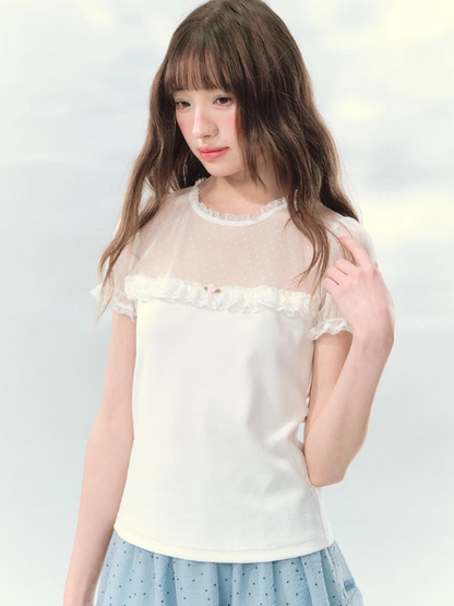 “Soft Candy Stardust” Lace Mesh Puff Sleeve Tee  LL2026149