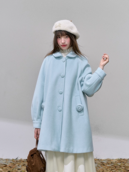 "风吟花语" Sugar Blue A-Line Wool Coat with Detachable Floral Pockets