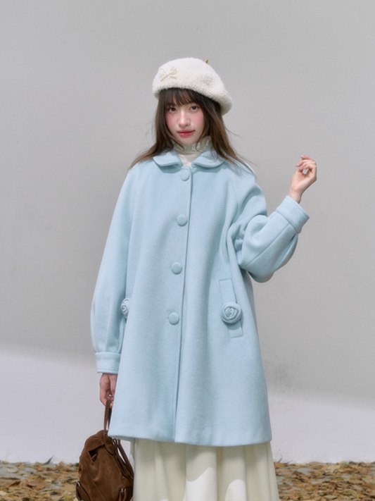 "风吟花语" Sugar Blue A-Line Wool Coat with Detachable Floral Pockets