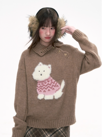 '可可慕斯' Brown Knit Sweater with Westie Dog Embroidery