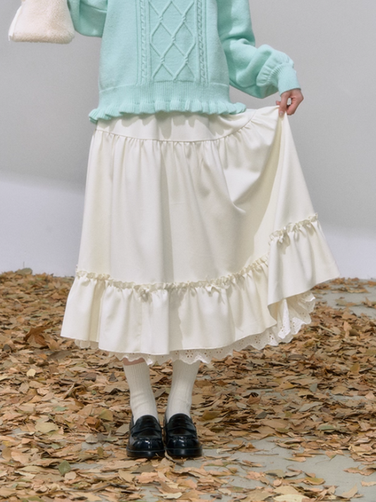 "软绒蓓蕾" Ivory Ruffle Midi Skirt